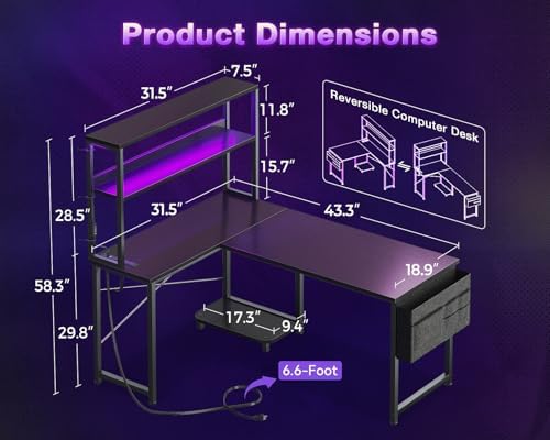 ODK 43" L Shaped Gaming Desk with Shelves, LED & Outlets, Black