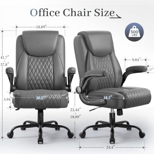 GTPOFFICE Executive Office Chair with Comfortable Lumbar Support, Ergonomic Gaming Chair with Flip-up Armrests & Zoned Pressure-Relief Cushion, Comfy PU Leather Desk Chair, Grey