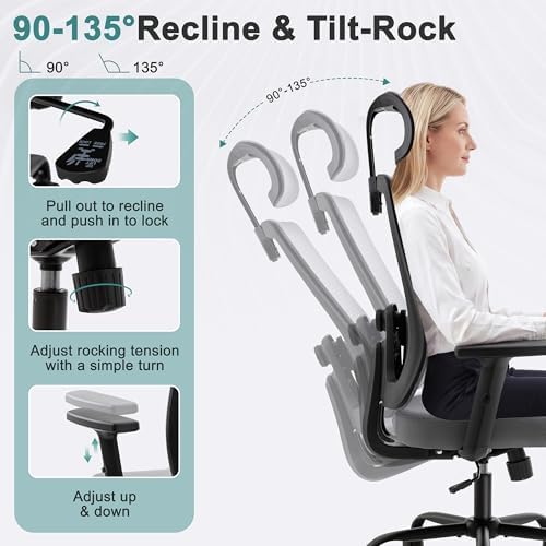 Shintenchi Ergonomic Office Chair, High Back Mesh Desk Chairs with Headrest & Lumbar Support Adjustable, 3-Level Tilt Backrest Comfortable Gaming Chair 330lbs Capacity, Big and Tall Rolling Chairs