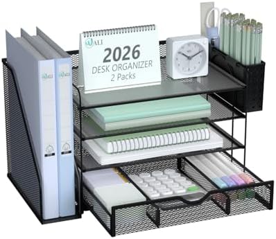 WALI Desk File Organizer, 4 Tier Desktop Paper Letter Tray Organizer with Drawer and 2 Pen Holders, Office Desk Accessories & Workspace Organizers for Office, Home Supplies(DO005DH-2B), 2 Packs, Black