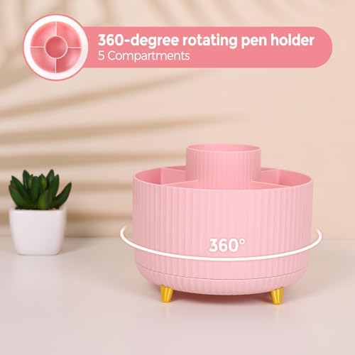 SKYDUE Pink Desk Accessories 11Pcs with Rotating Pen Holder for Desk