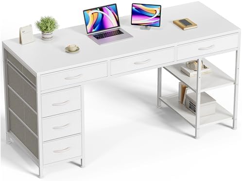 Huuger Computer Desk with 6 Drawers, Office Desk with Shelves, Reversible Gaming Desk, Corner Desk with Storage, Work for Home Office, Study, Living Room, 54inch, White