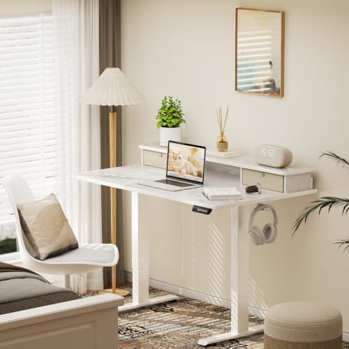 Veken 47x28 in Electric Standing Desk with Drawers, Adjustable Table, White