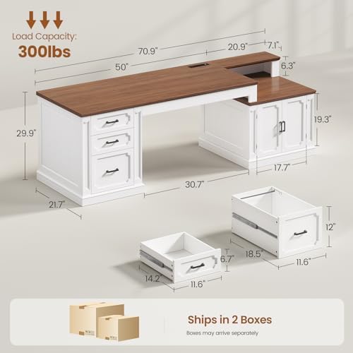 SEDETA Farmhouse 70.9" Executive Desk, Home Office Desk with File Drawers and Storage Cabinet, Computer Desk with Power Outlet for Home Office, Work Study Writing, White+Brown