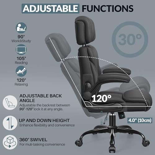 Office Chair, Ergonomic Big and Tall Computer Desk Chair with Retractable Adjustable Headrest, Executive Breathable Leather Chair, Lumbar Support Swivel Flip-up Armrests Rocking Function,Matte Black