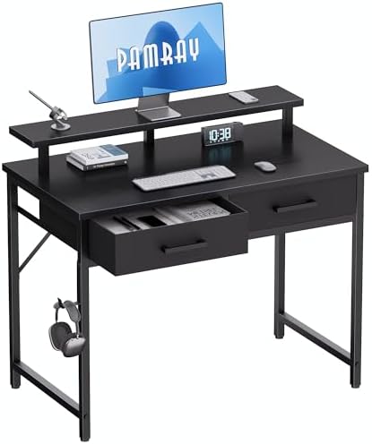 Pamray 32 Inch Small Computer Desk with Monitor Stand and 2 Drawers
