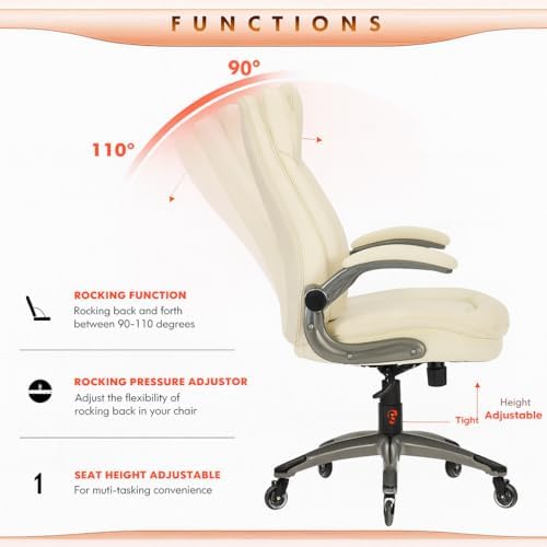 COLAMY Ergonomic High Back Office Chair, Ivory Bonded Leather Executive Desk Chair with Flip-up Arms, Thick Cushion, Silent Nylon Wheels, Adjustable Height & Rocking Function, 300lbs Capacity