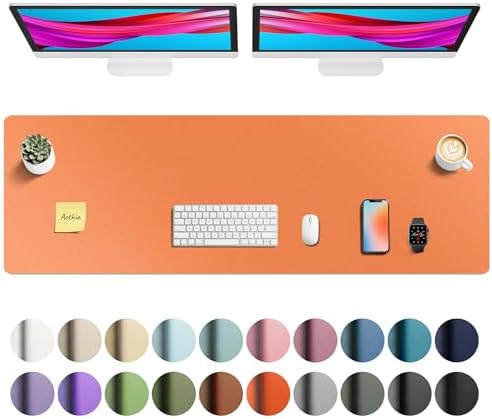 Aothia Faux Leather Desk Mat - Large Mouse Pad, Non-Slip PU Leather Blotter, Waterproof Writing Surface for Office and Home (Hermes Orange, 55" x 17")
