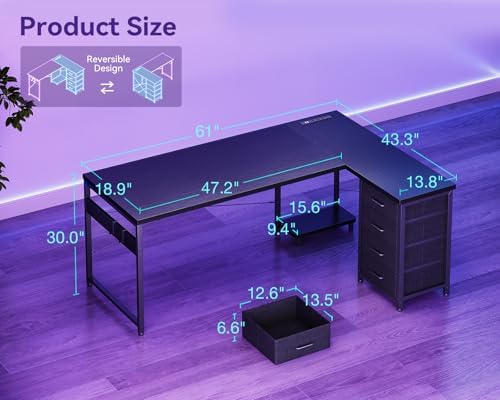 AODK 61" L Shaped Gaming Desk with 4 Drawers and Power Outlets, Black