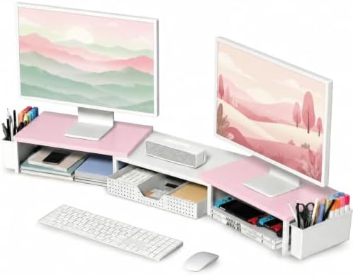 OPNICE Desk Organizers and Accessories, Dual Monitor Stand Riser with Drawer and 2 Pen Holders, Desk Shelf Computer Racks for Office Workspace Organizers, Desktop Organization (Pink-White)