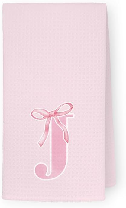 Monogrammed Initial J Hand Towels for Bathroom, Personalized Gifts for Women Girls Birthday Christmas, Coquette Preppy Pink Bows Waffle Kitchen Dish Tea Towels with Initial, 16x24 Inch