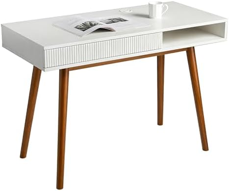 Artswish White Wood Desk with Drawer, 42" Mid Century Modern Writing Desk