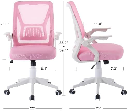 VECELO Mid-Back Swivel Ergonomic Office Chair with Adjustable Arms Mesh Lumbar Support for Computer Task Work, Pink