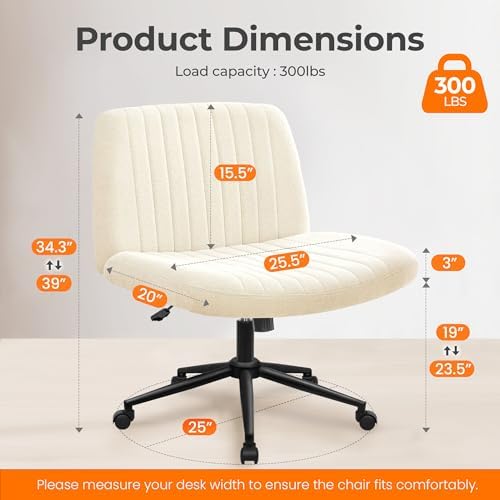 NEO CHAIR Criss Cross Chair with Wheels Armless Cross Legged Office Desk Wide Comfy Vanity Makeup Chair Adjustable Swivel Rolling Computer for Home Office Fabric (Beige)
