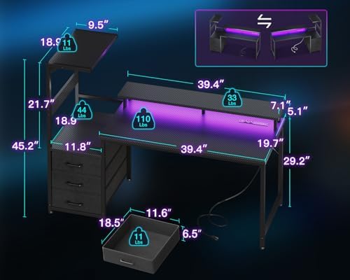 AODK 52 Inch Gaming Desk with USB Charging Ports & LED Light- Reversible Computer Desk with Storage Shelves & Monitor Stand, Modern Gamer Desk Table with Fabric Drawers, Black