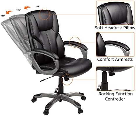 Amazon Basics Executive High Back Office Chair, Adjustable Height, Tilt, Swivel, Padded Seat, Bonded Leather, Wheels, Black/Silver
