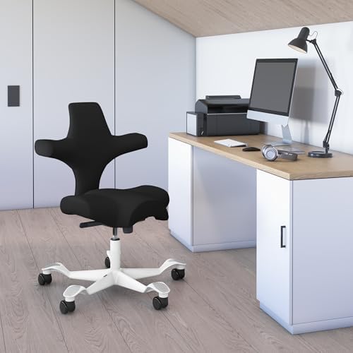 HAG Capisco Standard Chair-White Frame-Upholstered Black Leather