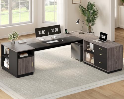 UPOSOJA 78.7" L Shaped Executive Desk with Lateral File Cabinet, Extra Large Office Desk with Drawers & Power Outlets, Modern Corner Computer Desk with Storage Shelves, Business Furniture, Grey
