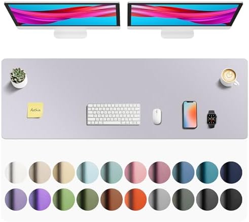 Aothia Faux Leather Desk Mat - Non-Slip PU Leather Desk Blotter, Waterproof Writing Surface, Large Desk Pad for Office & Home (Smoky Lavender, 55" x 17")