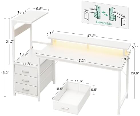AODK 59 Inch Gaming Desk with USB Charging Ports & LED Light- Reversible Computer Desk with Storage Shelves & Monitor Stand, Modern Gamer Desk Table with Fabric Drawers, White