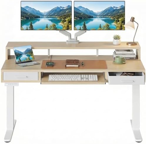 HUANUO 55″ x 26″ Electric Standing Desk with 2 Drawers &24.4″ Large Keyboard Tray, C-Clamp Mount Compatible, Adjustable Computer Desk for Office, Sit Stand Up Desk with 4 Height Presets, Light Walnut