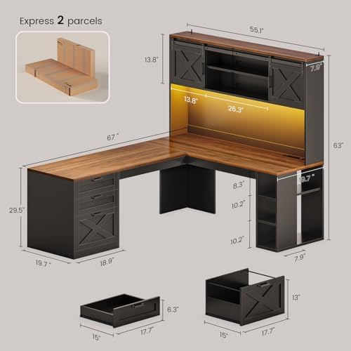 SEDETA 67" Farmhouse L Shaped Desk with Hutch, Black+Brown