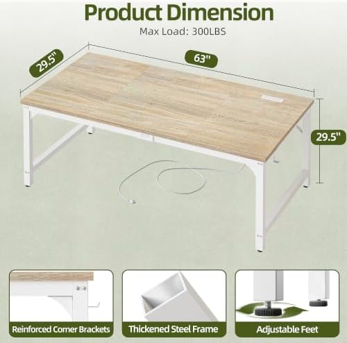 TIQLAB 63 x 30 Inch Extra-Deep Computer Desk with Power Outlets, Heavy-Duty Office Desk, Wide Gaming & Work Desk for Home Office, Maple
