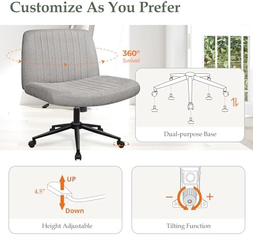 Orange Factory Criss Cross Chair, Wide Wheel Vanity Seat, Grey Dual Base