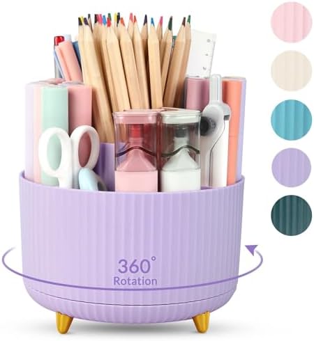 SKYDUE 360 Rotating Purple Pen & Art Supply Organizer - 5 Slot Desk Organizer for Office, School, Home