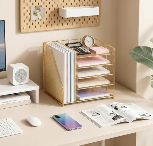 OPNICE Desk Organizer, 5-Tier Paper Organizer Letter Tray, Gold