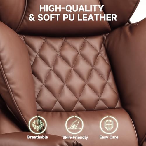 COMHOMA Big and Tall Office Chair, High Back Leather Gaming Chair with Footrest, Executive Ergonomic Office Chairs with Pocket Spring Lumbar Support and with Outward Fixed Soft Armrests