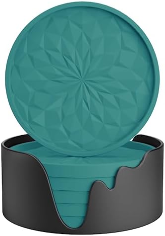 ME.FAN Silicone Coasters with Holder,[6 Pack] Drinking Coasters - Cup Mat for Hot or Cold Drinks, Thickened, Non-Slip, Non-stick,Deep Tray Teal Blue