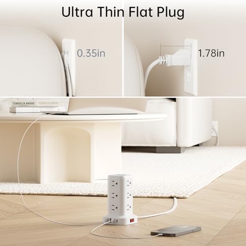 Extension Cord with Multiple Outlets, SMALLRT Flat Plug Power Strip Tower, Outlet Extender with USB 12 AC Outlets, 10FT Ultra Thin Extension Cord for Home Office, Overload Protection