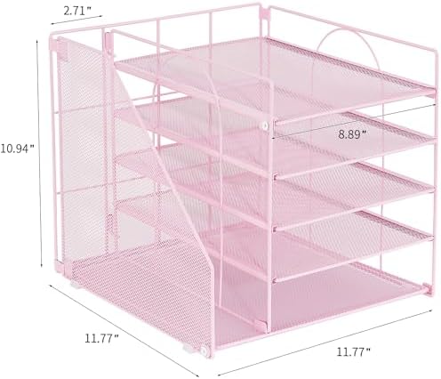 LEKETREE Desk Organizers and Accessories, 5-Tier Paper Letter Tray Organizer with File Holder, Desktop Organizer for Office Supplies (Pink)