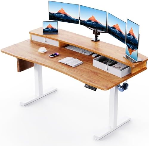 HUANUO 60″ x 30″ Electric Standing Desk with 2 Drawers, C-Clamp Mount Compatible, Height Adjustable Computer Desk, Home Office Stand Up Desk with 4 Preset Heights & 2 Hooks, Light Vintage