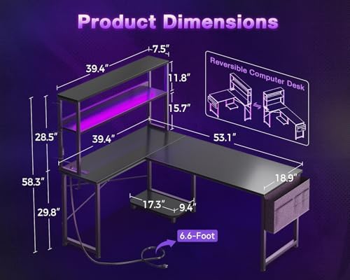 ODK 53" L Shaped Gaming Desk with Shelves, LED & Outlets, Black