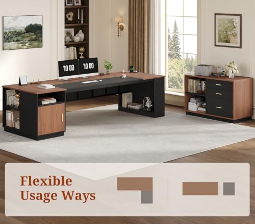 UPOSOJA 78.7" L Shaped Executive Desk with Lateral File Cabinet, Extra Large Office Desk with Drawers & Power Outlets, Modern Corner Computer Desk with Storage Shelves, Business Furniture, Walnut