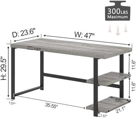 FOLUBAN 47 Inch Home Office Desk, Modern Computer Desk with Storage Shelves, Small Study Writing Gaming Table Workstation for Living Room Bedroom, Industrial Light Grey