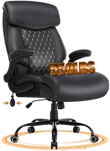 550LBS Big and Tall Office Chair for Heavy People,Ergonomic Office Chair with Padded Flip-Up Arms and Adjustable Lumbar Support,High Back Executive Leather Desk Chair with Rocking Function