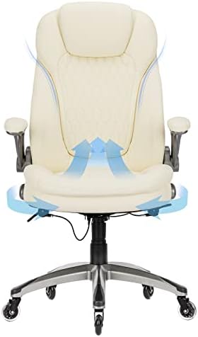 COLAMY Ergonomic Office Chair, Set of 2 Boxes, High Back Leather Desk Chair with Flip-up Arms, Adjustable Height & Rocking Function, Silent Wheels, Ivory Executive Computer Chair, 300lbs Capacity