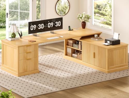 SEDETA Fluted 70.9" L Shaped Desk with Drawers, Fluted Oak