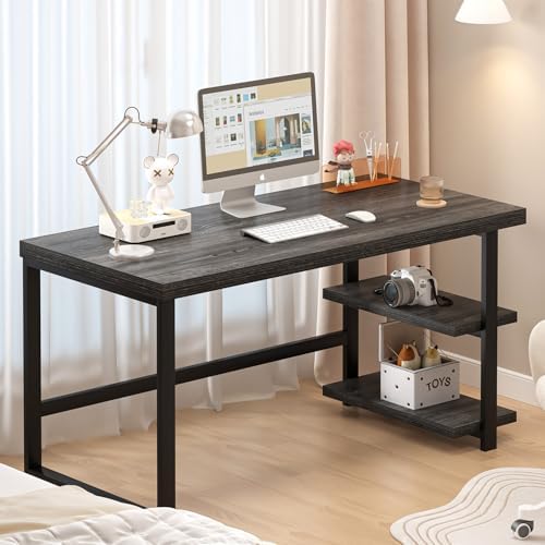 FOLUBAN 47 Inch Computer Desk with Storage Shelves, Modern Home Office Desk, Small Study Writing Desk Gaming Table Workstation for Bedroom Living Room, Industrial Dark Gray
