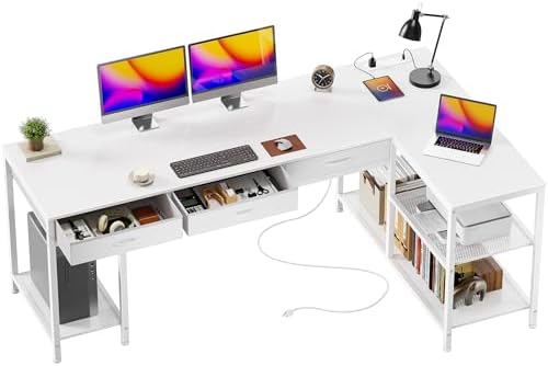 PRAISUN 63 Inch L Shaped Office Desk with Power Outlets and Type-C Port, Large Computer Gaming Desk with 3 Fabric Drawers, Mesh Shelves, Corner Study Work Writing Desk, White