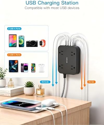 5 Ft Braided Extension Cord, Ultra-Thin Flat Plug, 4 Widely Spaced Outlets