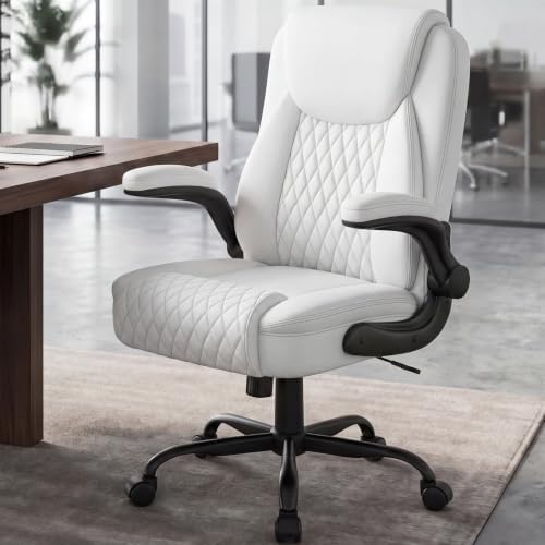 GTPOFFICE Executive Office Chair with Comfortable Lumbar Support, Ergonomic Gaming Chair with Flip-up Armrests & Zoned Pressure-Relief Cushion, Comfy PU Leather Desk Chair, White