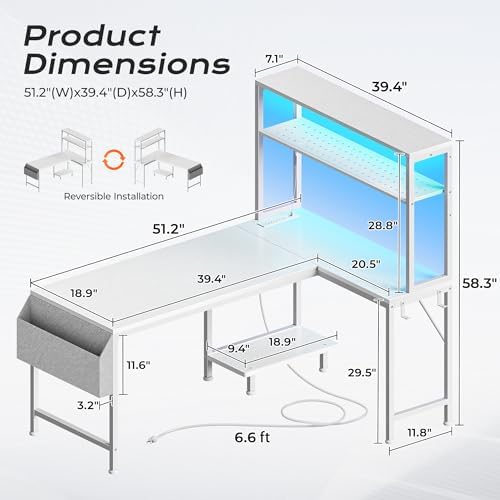 PRAISUN L Shaped Gaming Desk with LED Lights & Power Outlets