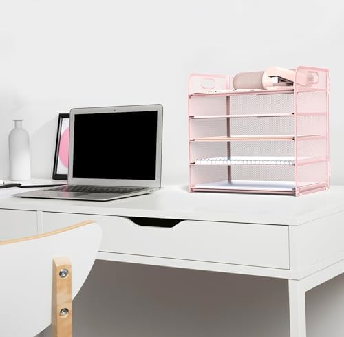 Sinboun Letter Tray Paper Organizer 5-Tier Desk Organizer File Organizer Paper Holder with Handle, Metal Desktop Document Shelf Tray Office Classroom Organization - Pink, PK5CENGTISHOU