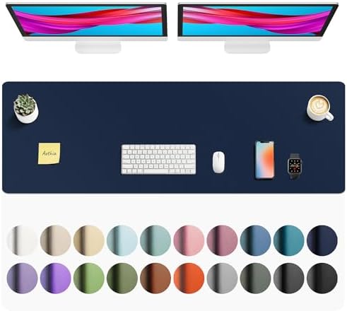 Aothia Faux Leather Desk Mat - Non-Slip PU Leather Desk Blotter, Waterproof Writing Surface, Large Desk Pad for Office & Home (Dark Blue, 55" x 17")