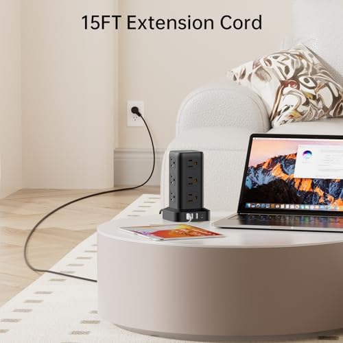 Extension Cord with Multiple Outlets, SMALLRT Power Strip Tower with USB Ports 12 AC Outlets, PD 20W USB C, 15FT Outlet Extender for Home Dorm, Office Supplies, Overload Protection