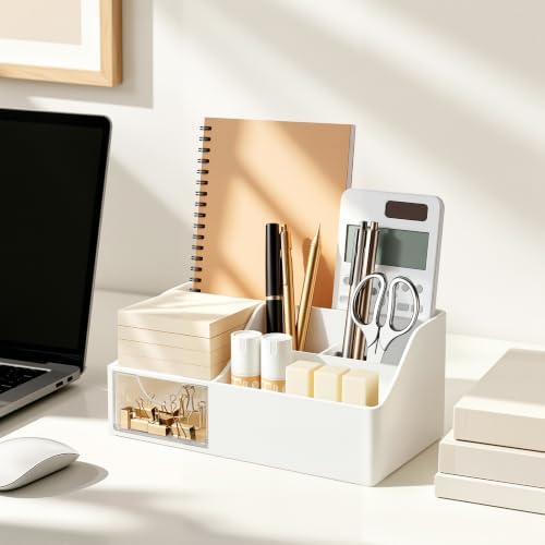 HBlife Acrylic Desk Organizer with Drawer, Pen & Pencil Holder, Multifunctional Desktop Caddy for Office Supply and Organization (White, 2 Pack)